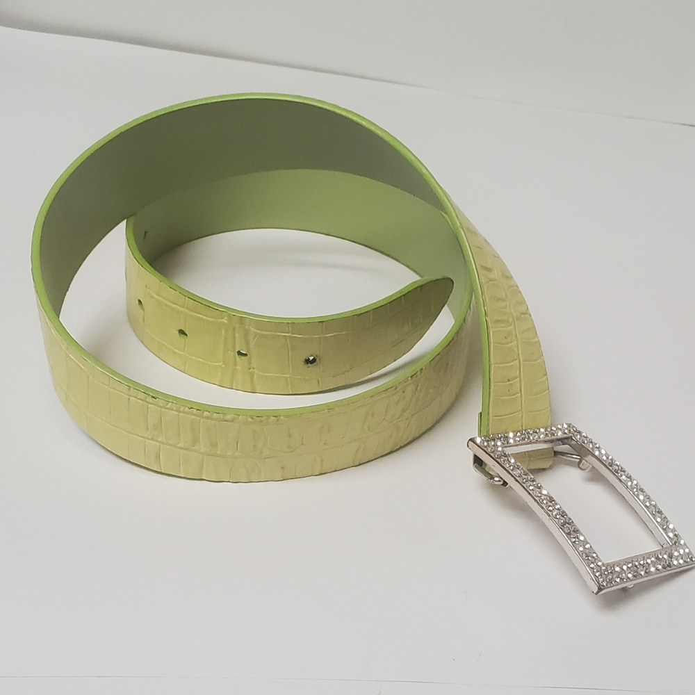 Vintage Leather Lime Green Rhinestone Buckle Belt 31" - 35" - Picture 3 of 8